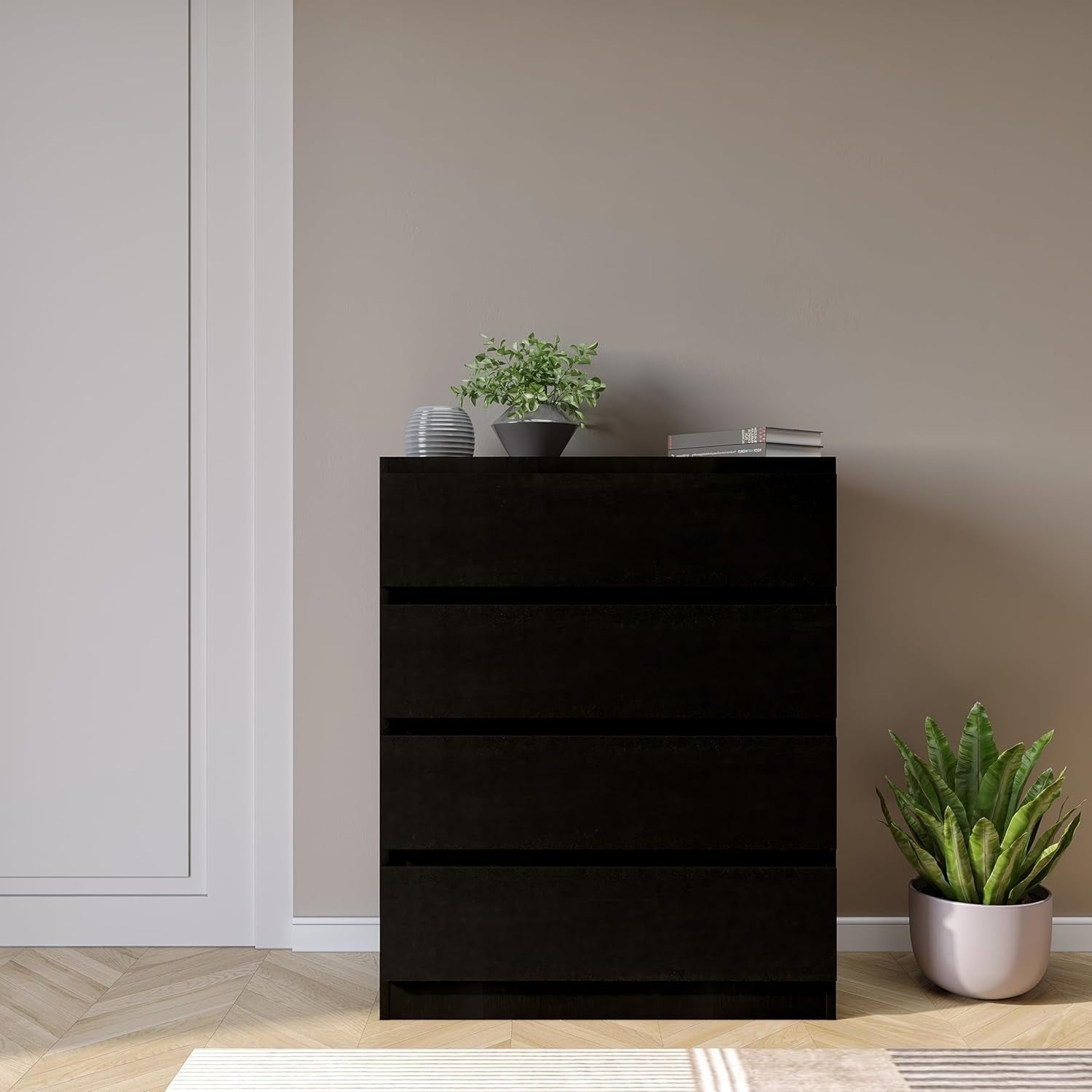 Black 4 Drawer Chest Storage Cabinet Engineered Wood Bedroom Organizer