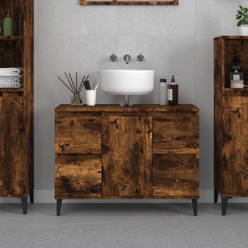 Smoked Oak Bathroom Sink Cabinet Vanity Unit with Drawers Cupboard Storage