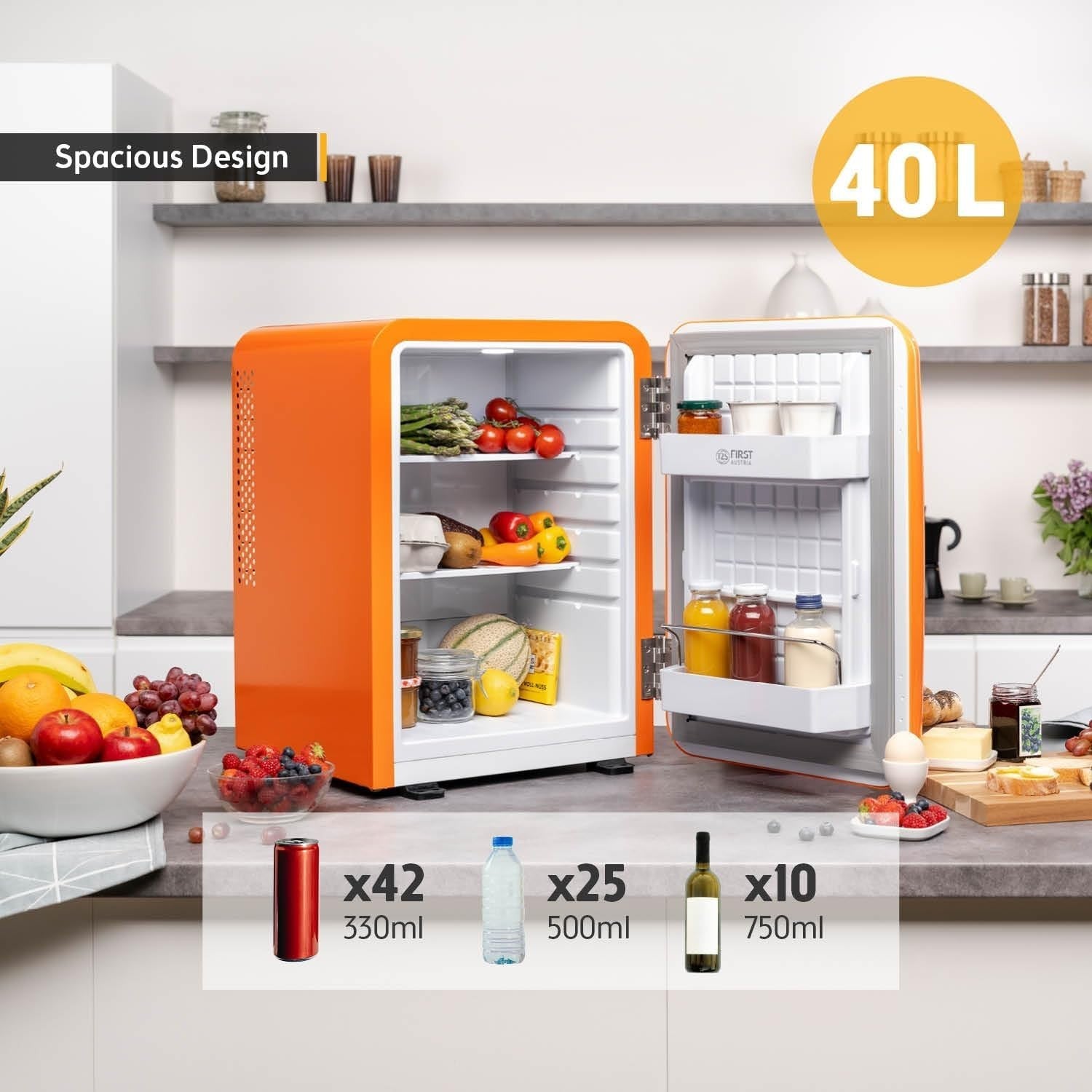 40L Retro Mini Fridge Silent Frost-Free LED Interior Freestanding Orange