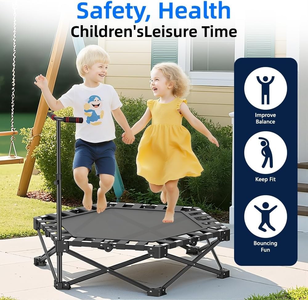 Foldable Mini Trampoline Kids Adults Indoor Fitness Rebounder Handle 110cm