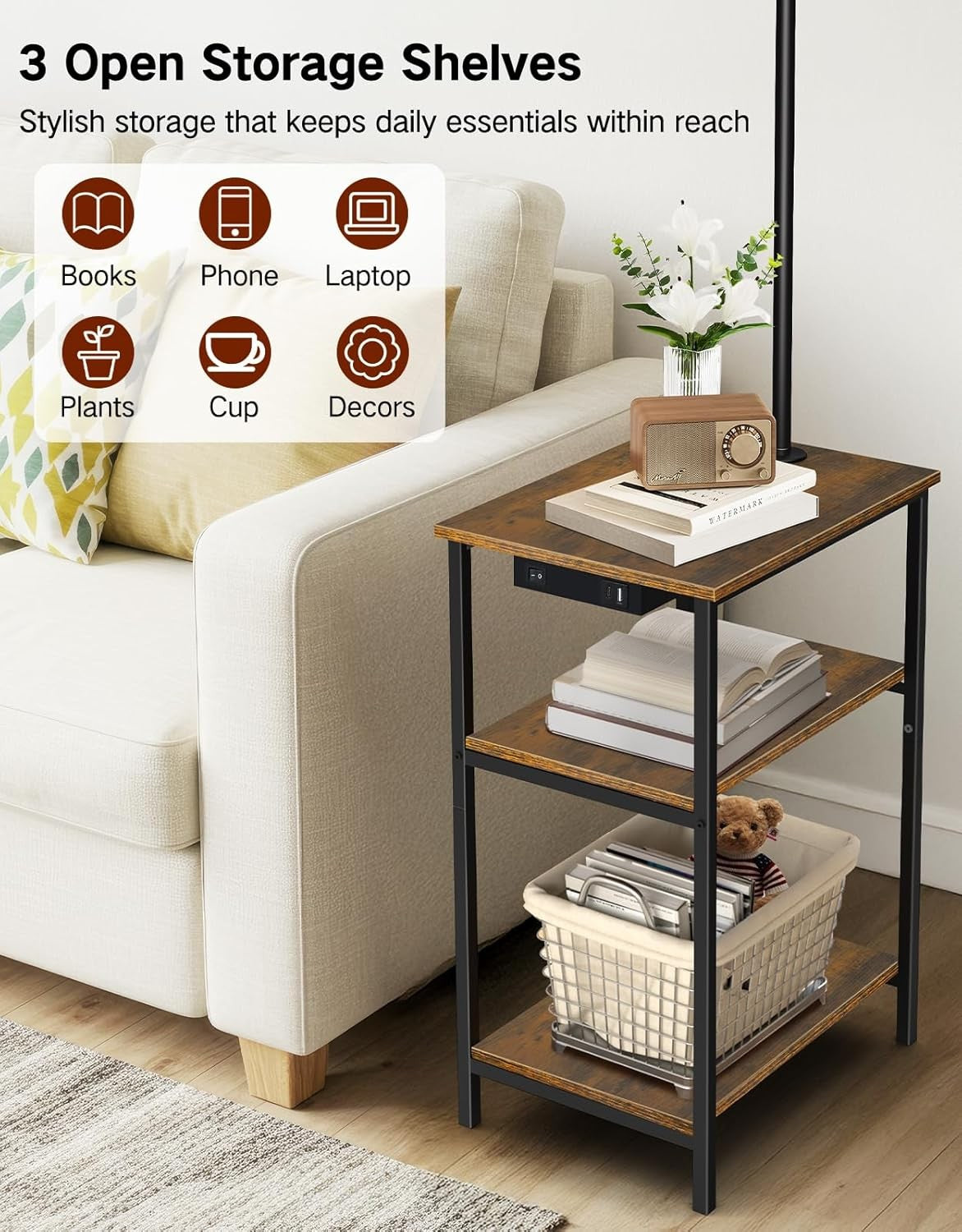 Floor Lamp with Table Rattan Shade Charging Station Dimmable LED Nightstand