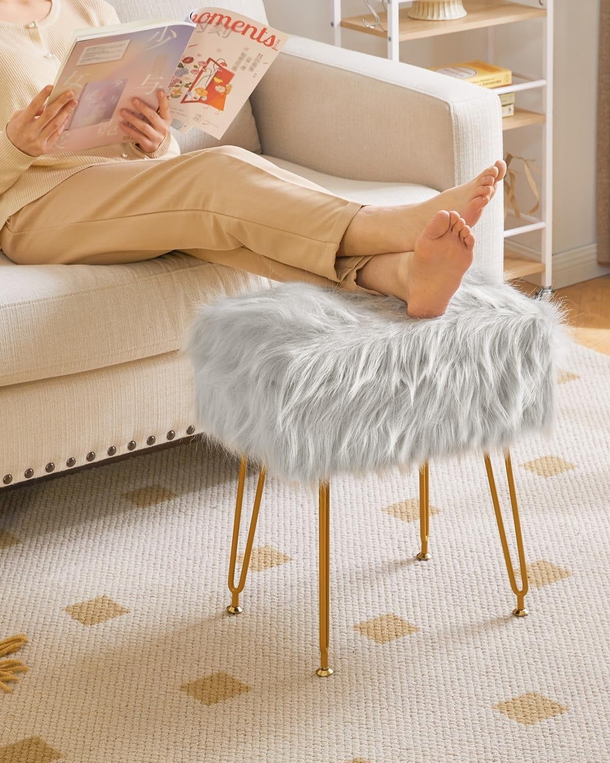 Grey Faux Fur Vanity Stool with Storage – Rectangular Makeup Ottoman Seat