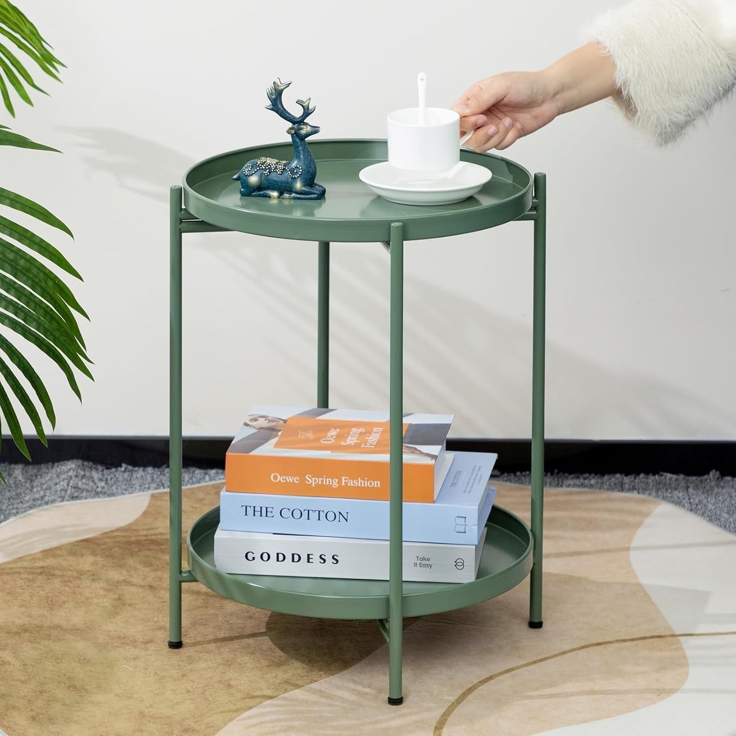 Small Round Metal Side Table 2-Tier Coffee Table Removable Tray Green