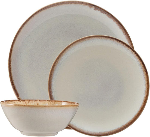 12pc Stoneware Dinner Set Cream Reactive Glaze Plates Bowls Dishwasher Safe