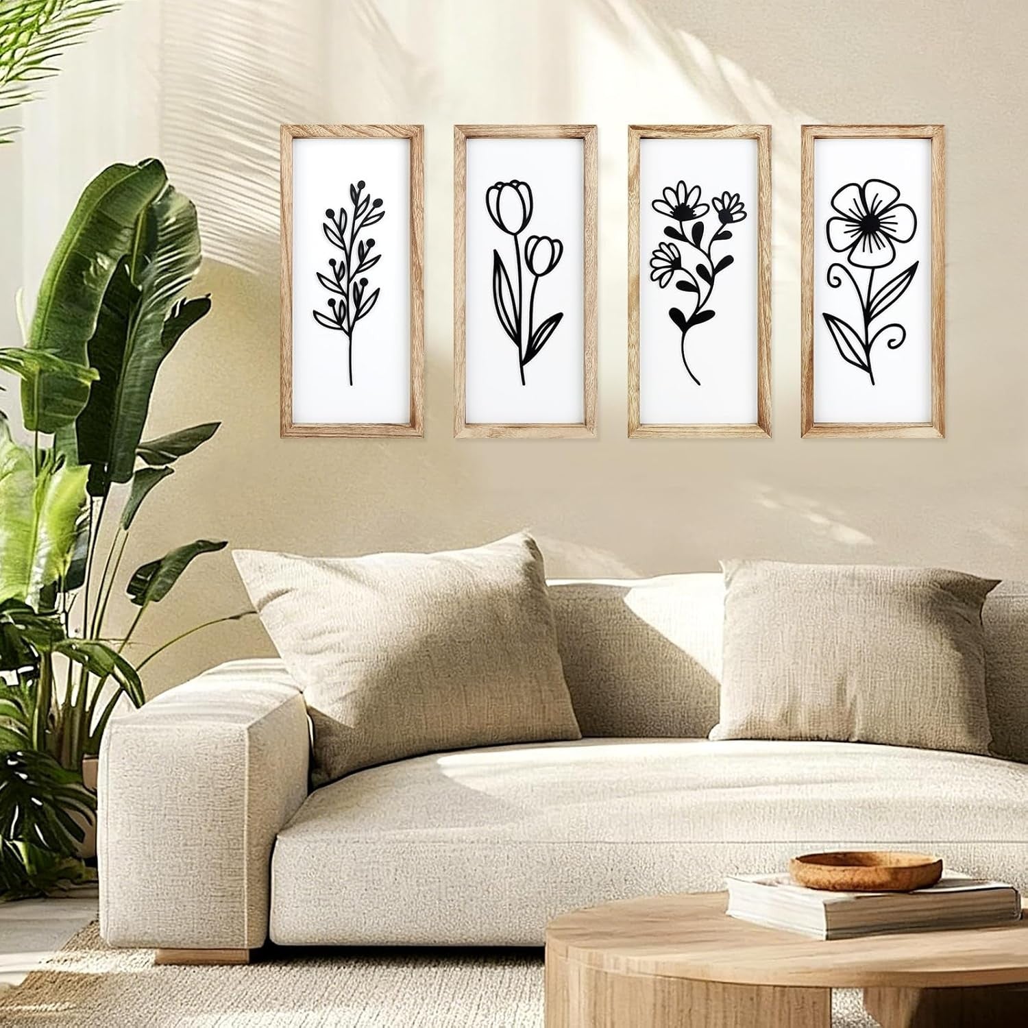 Large 3D Wooden Floral Wall Art Set of 4 Boho Frame Decor for Living Room