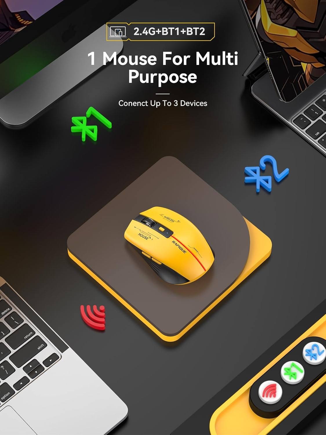 RAPIQUE Bluetooth Wireless Mouse Tri-Mode USB Receiver PC Laptop Mac