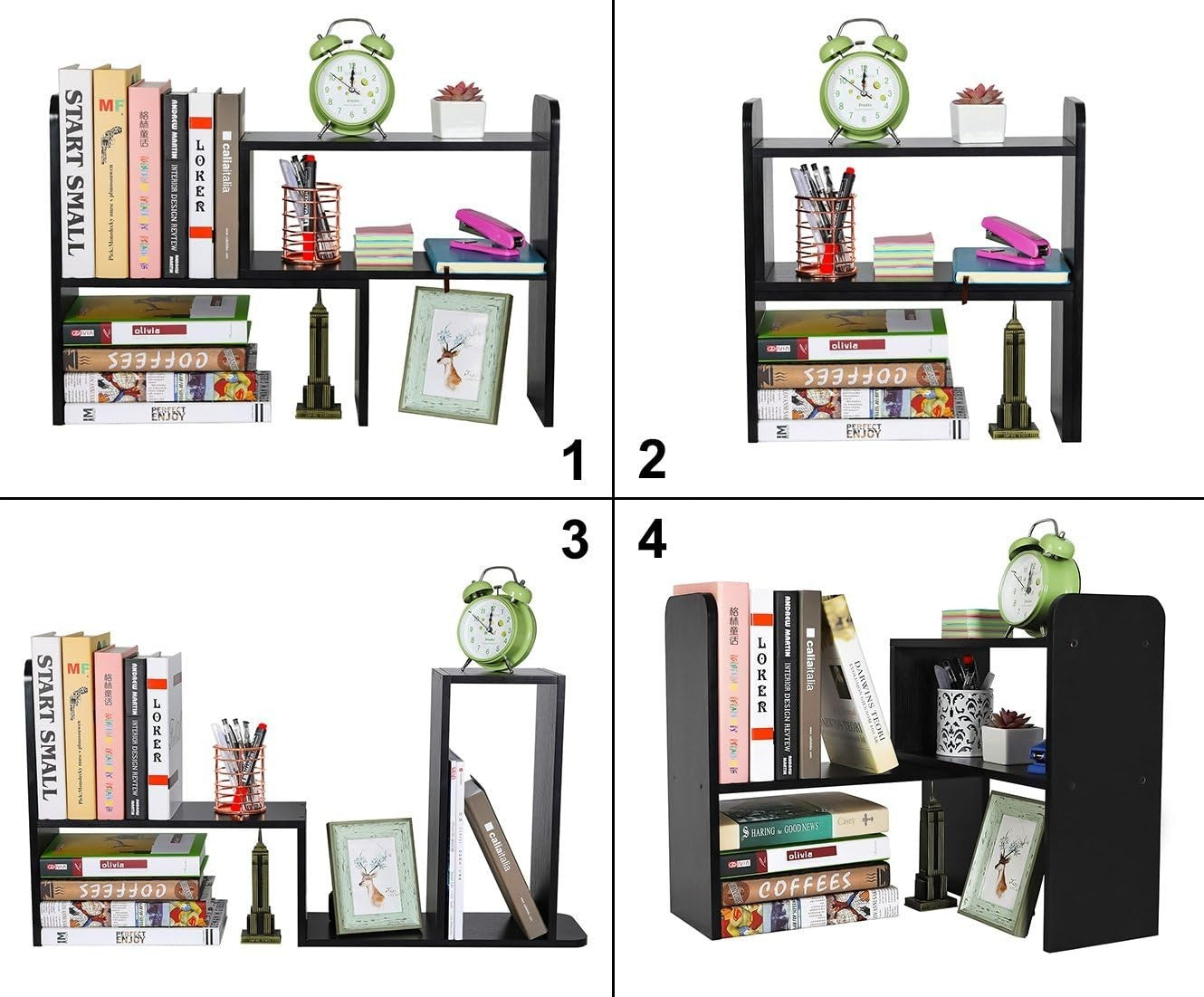 Adjustable 2-Tier Black Wood Desk Bookshelf - Space-Saving Organizer