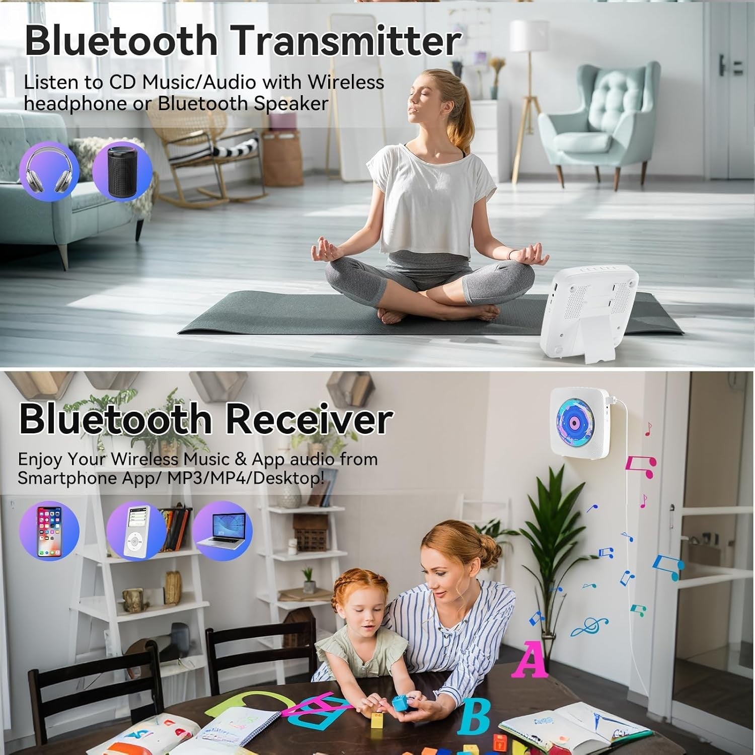 Portable CD Player Bluetooth Speakers FM Radio USB AUX Remote Wall Mount