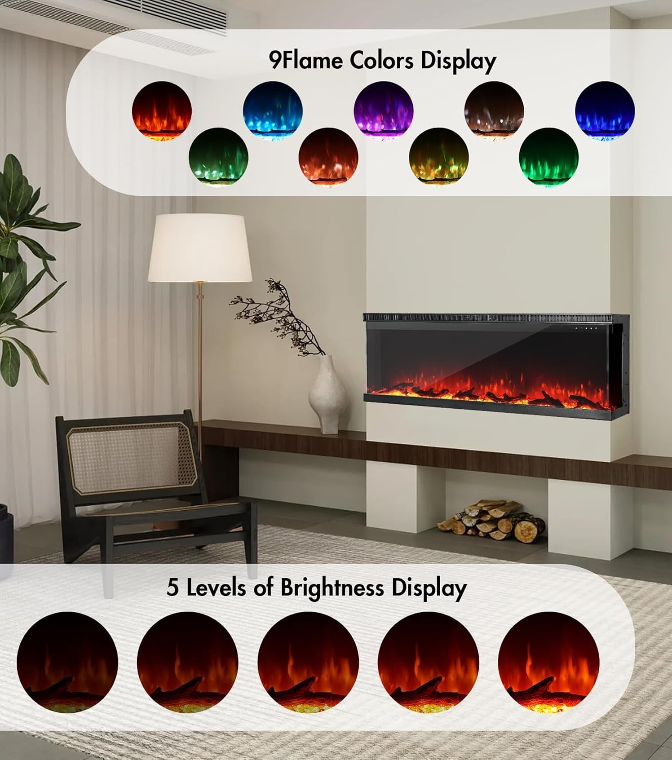 60" 3-Sided Electric Fireplace Wall Mount Freestanding 9-Color Flame Heater