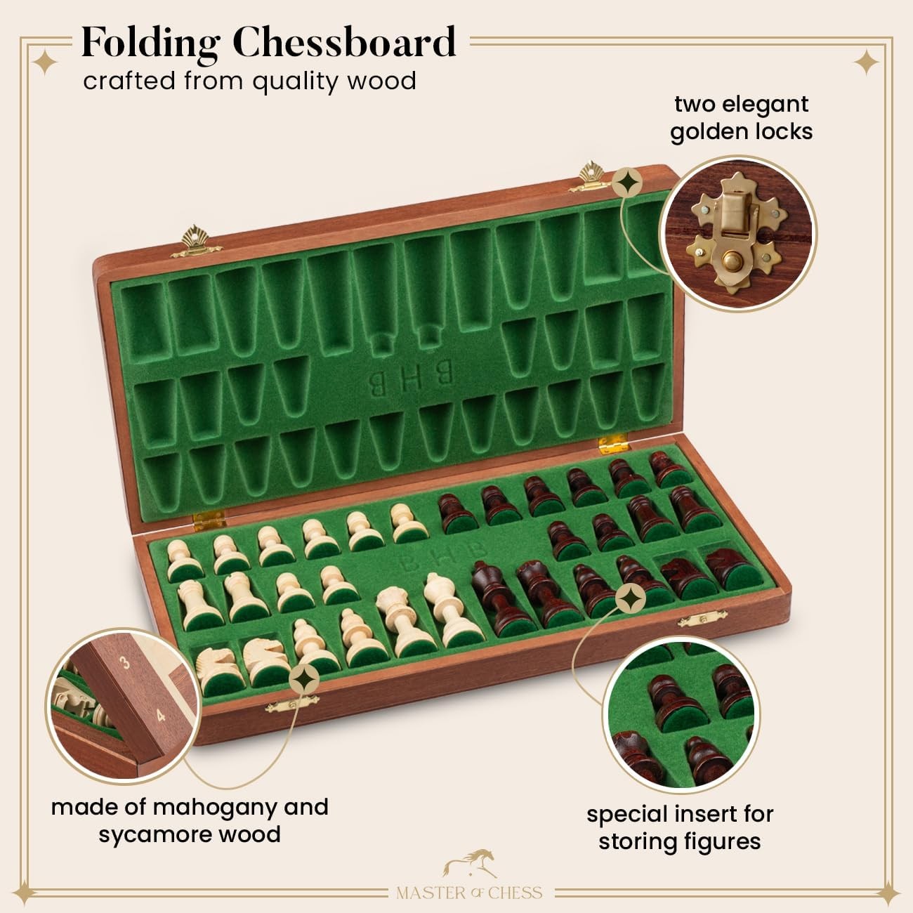 Tournament Wooden Chess Set 42cm Inlaid Foldable Board Staunton No.4 Pieces