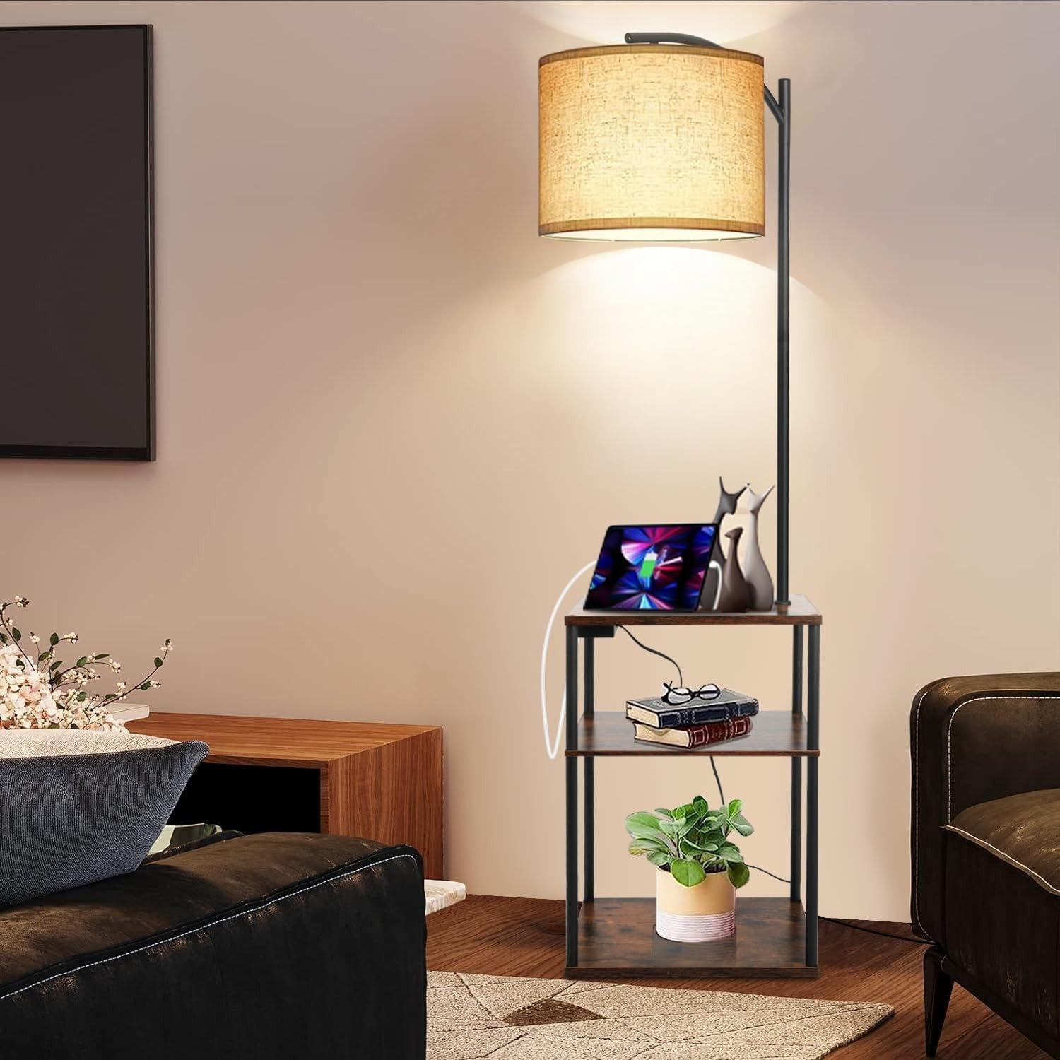 3-Way Dimmable Floor Lamp with Table USB Ports Shelves for Living Room