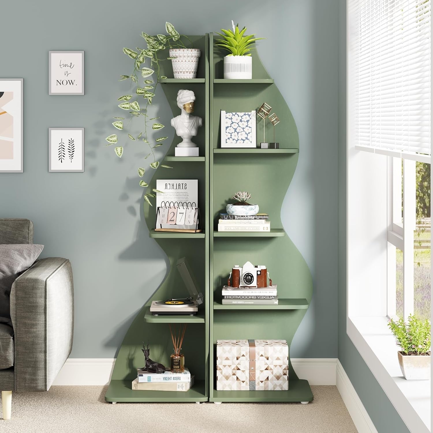 2PC Modern 5-Tier Wave Corner Bookshelf Set – Space-Saving Wall Display Shelves