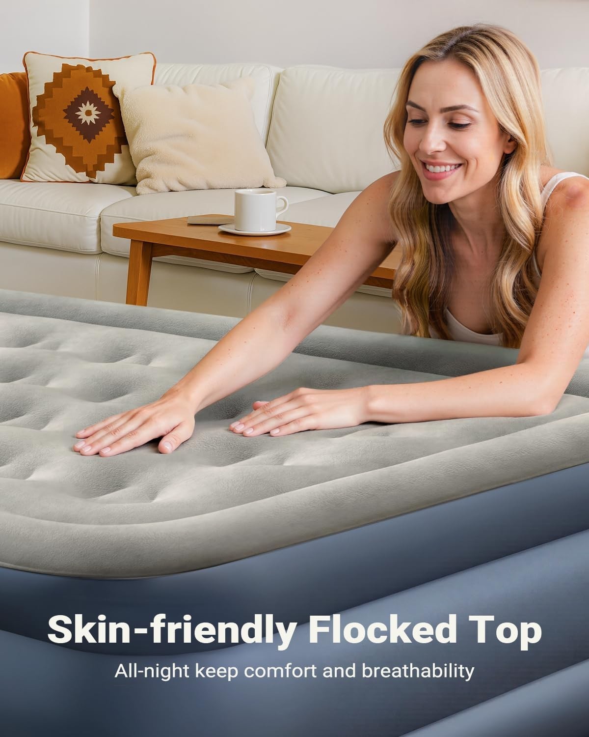 Double Air Mattress with Built-In Pump Quick Inflate Flocked Surface 295kg Max