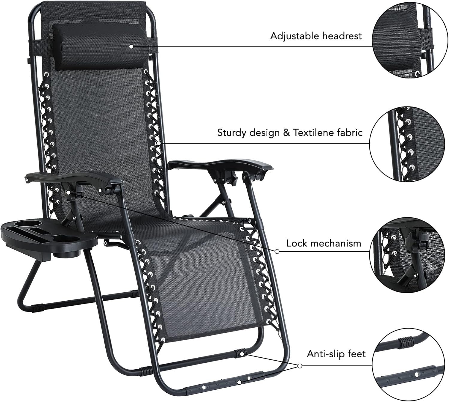 Zero Gravity Outdoor Reclining Chairs Set of 2 with Cup Holders & Pillow