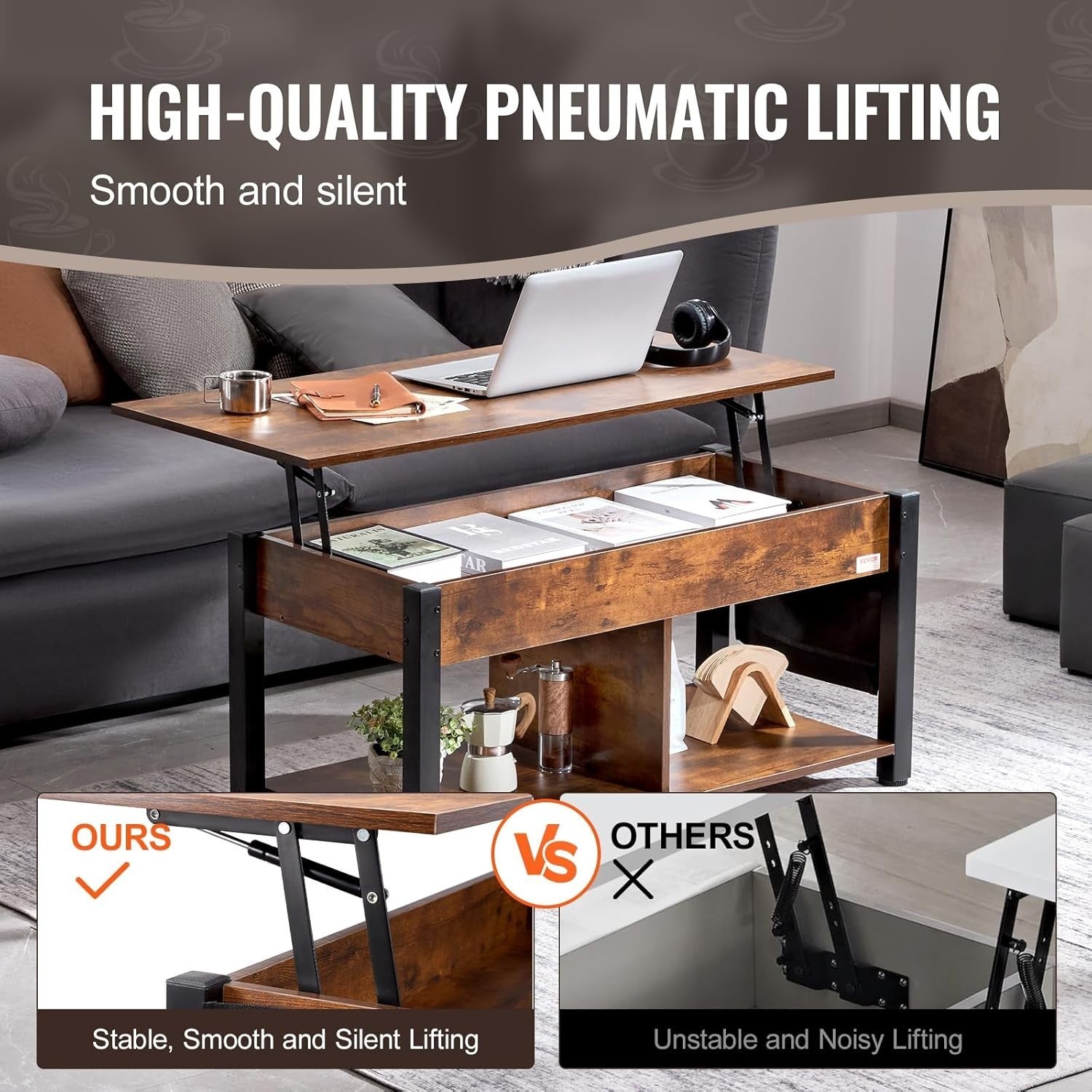 Lift Top Coffee Table with Storage, Adjustable Pop-Up Wood Table 106cm