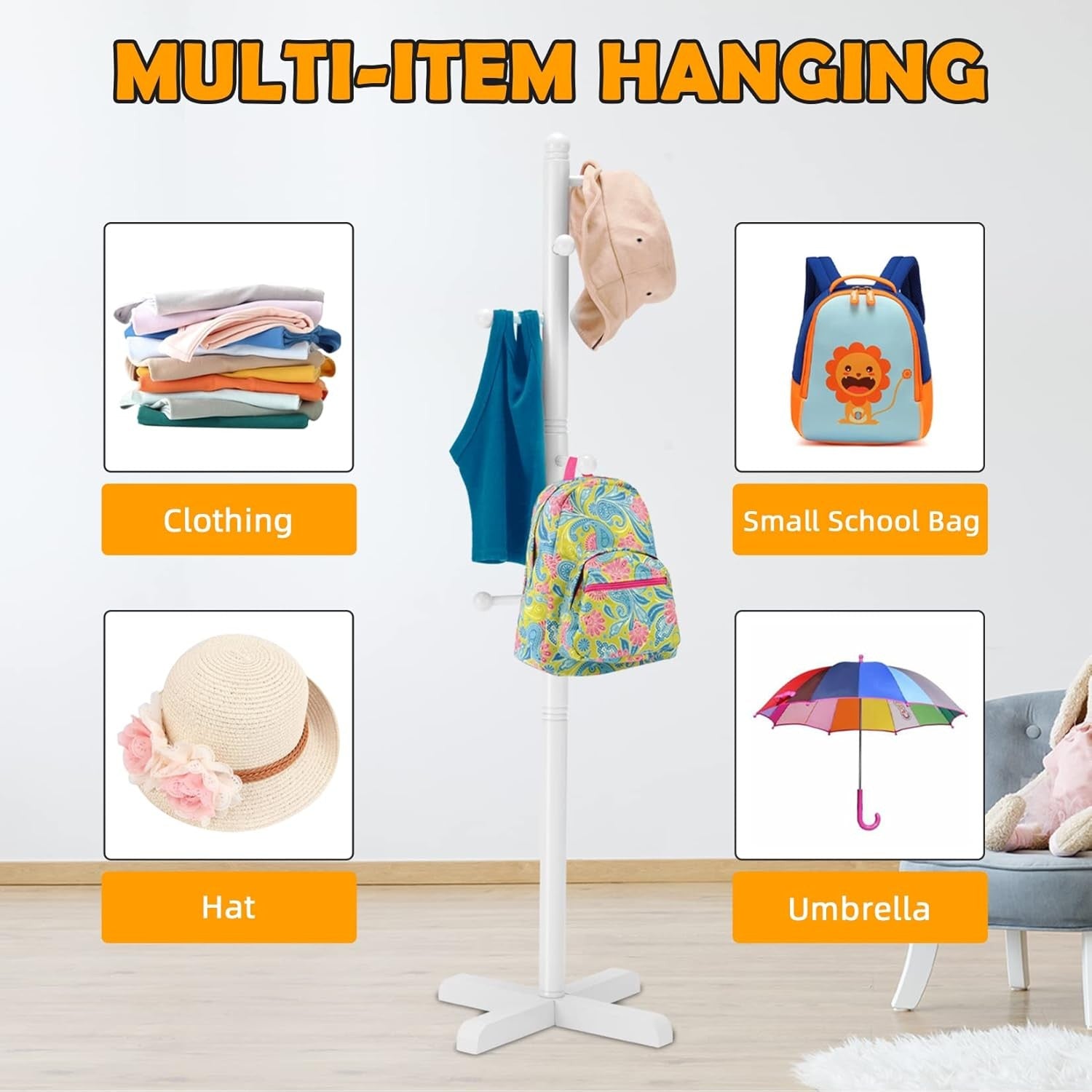 Kids White Wooden Coat Rack | 8 Hooks Adjustable Freestanding Tree Stand