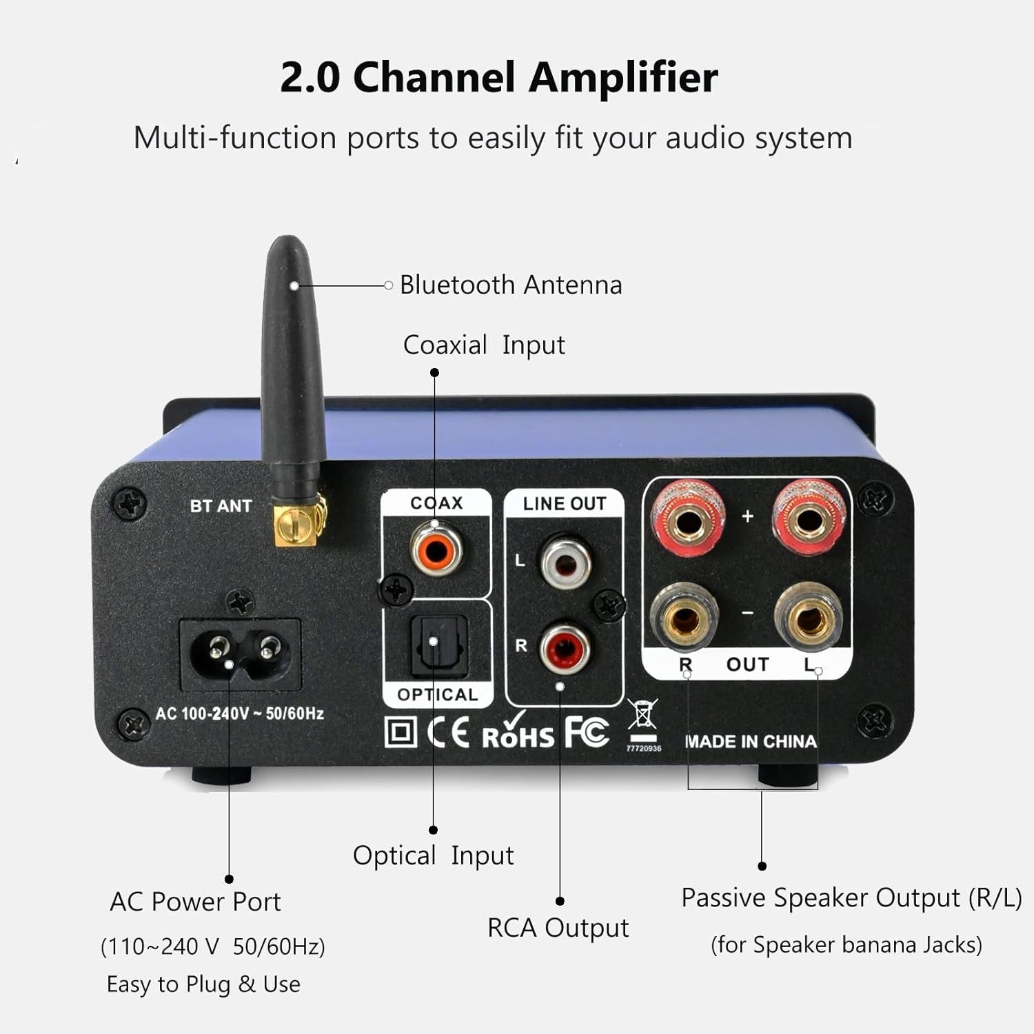 200W RMS Stereo Amplifier Bluetooth 5.3 Optical USB