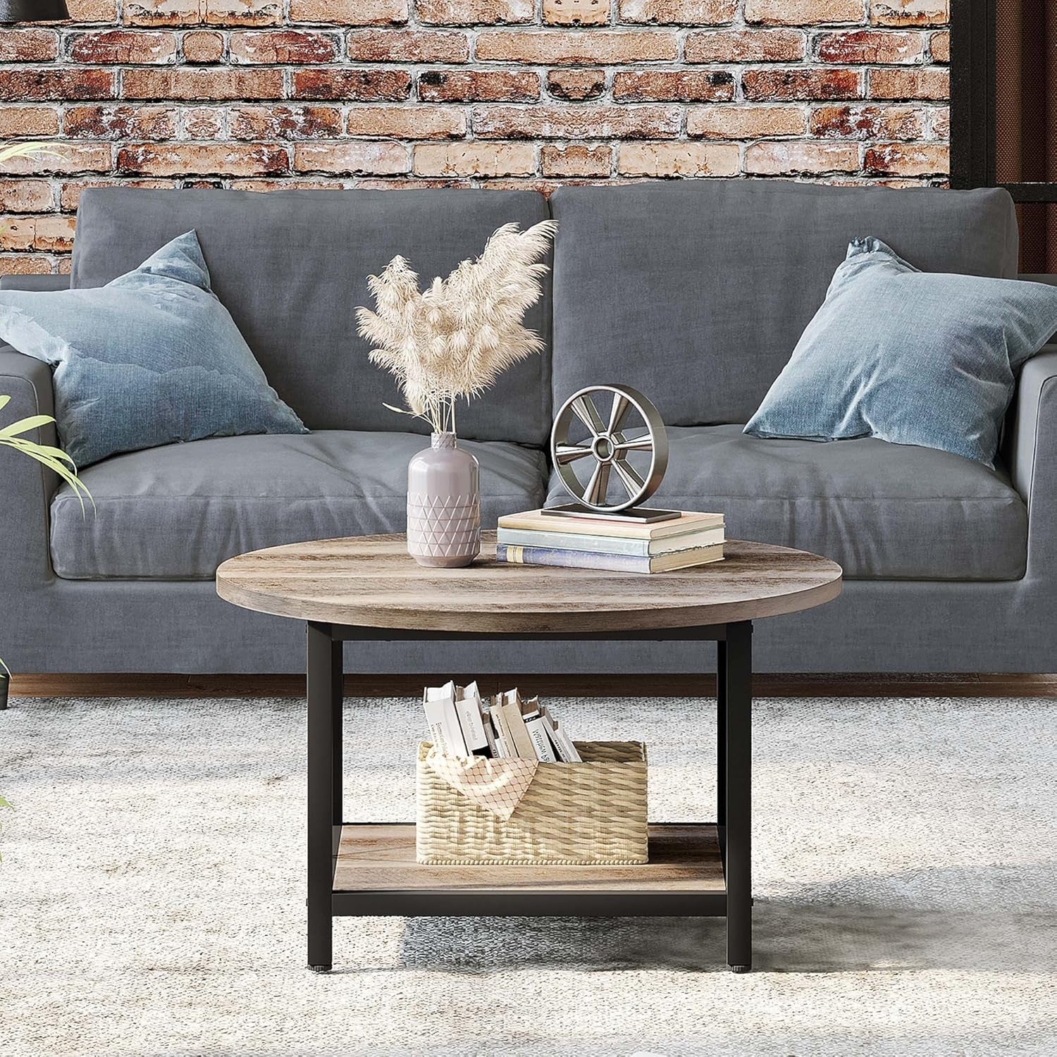 Round Coffee Table with Storage Shelf 80cm Industrial Rustic Metal Legs
