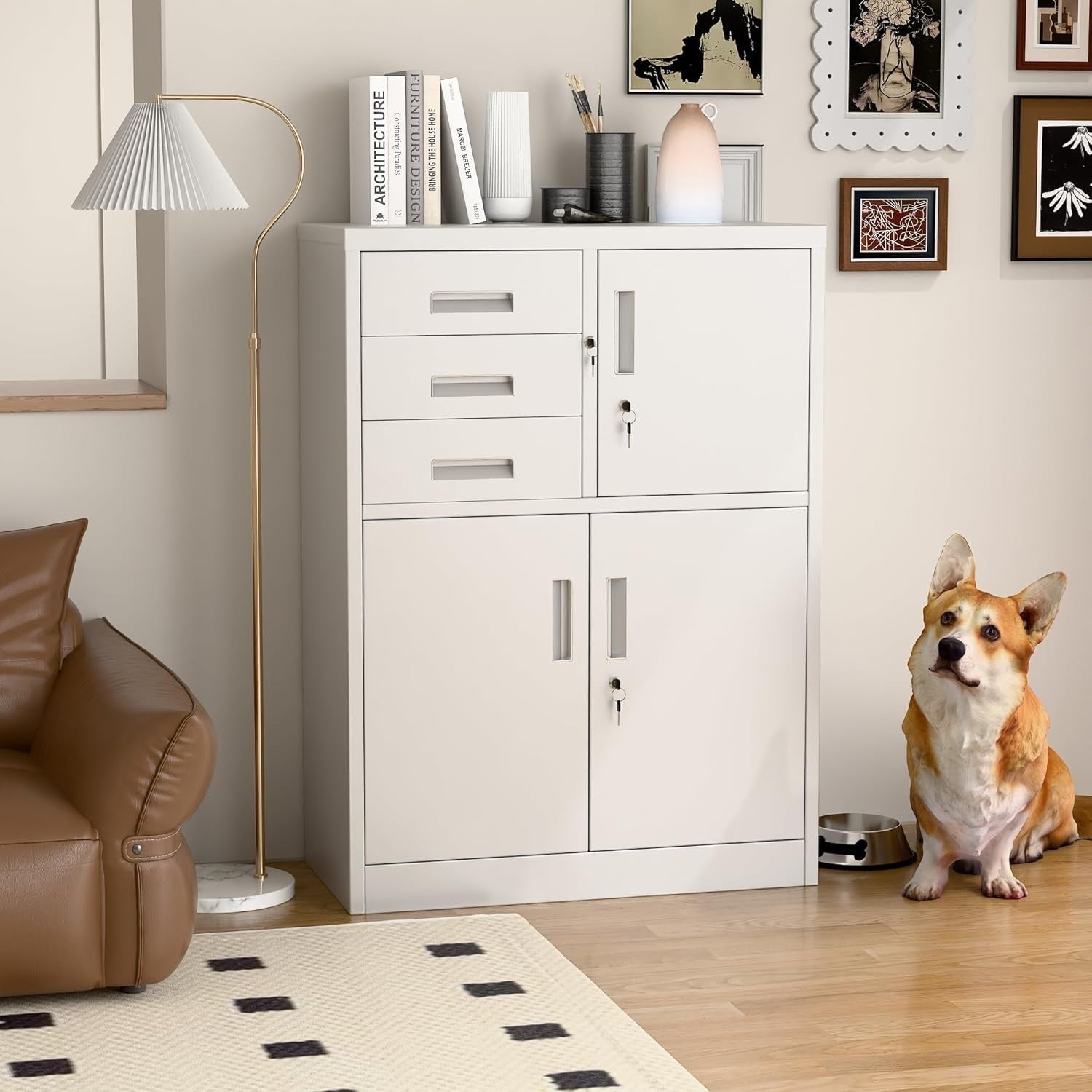 Steel Storage Cabinet with 3 Locking Doors & Drawers 110x80x40cm for Office