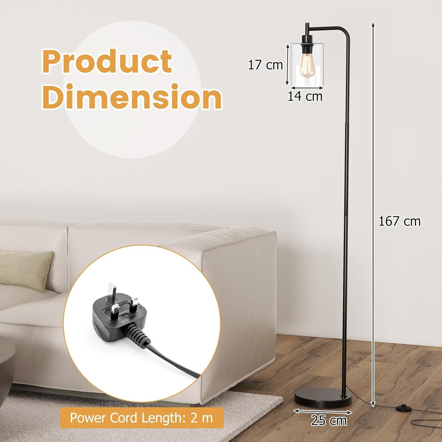 Industrial Floor Lamp Glass Shade Black Tall Standing Light Foot Switch