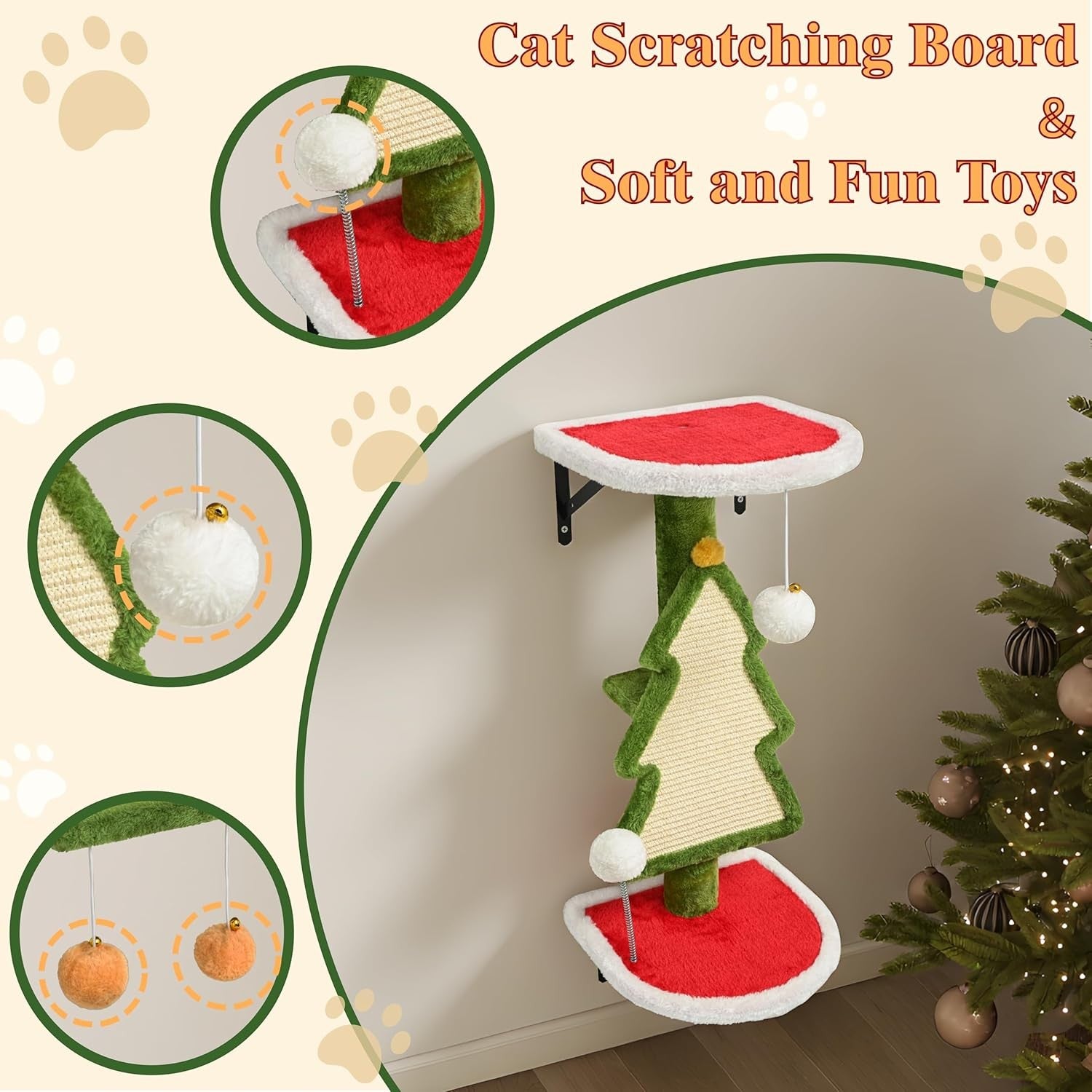 Christmas Cat Wall Shelves 5pcs Festive Climbing Set Red Green Wall Mounted