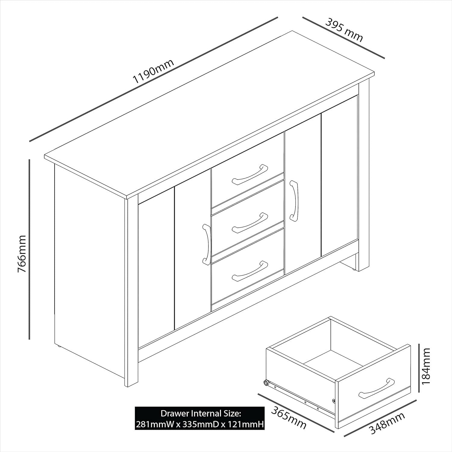 White Storage Sideboard Cabinet 2 Doors 3 Drawers Adjustable Shelves
