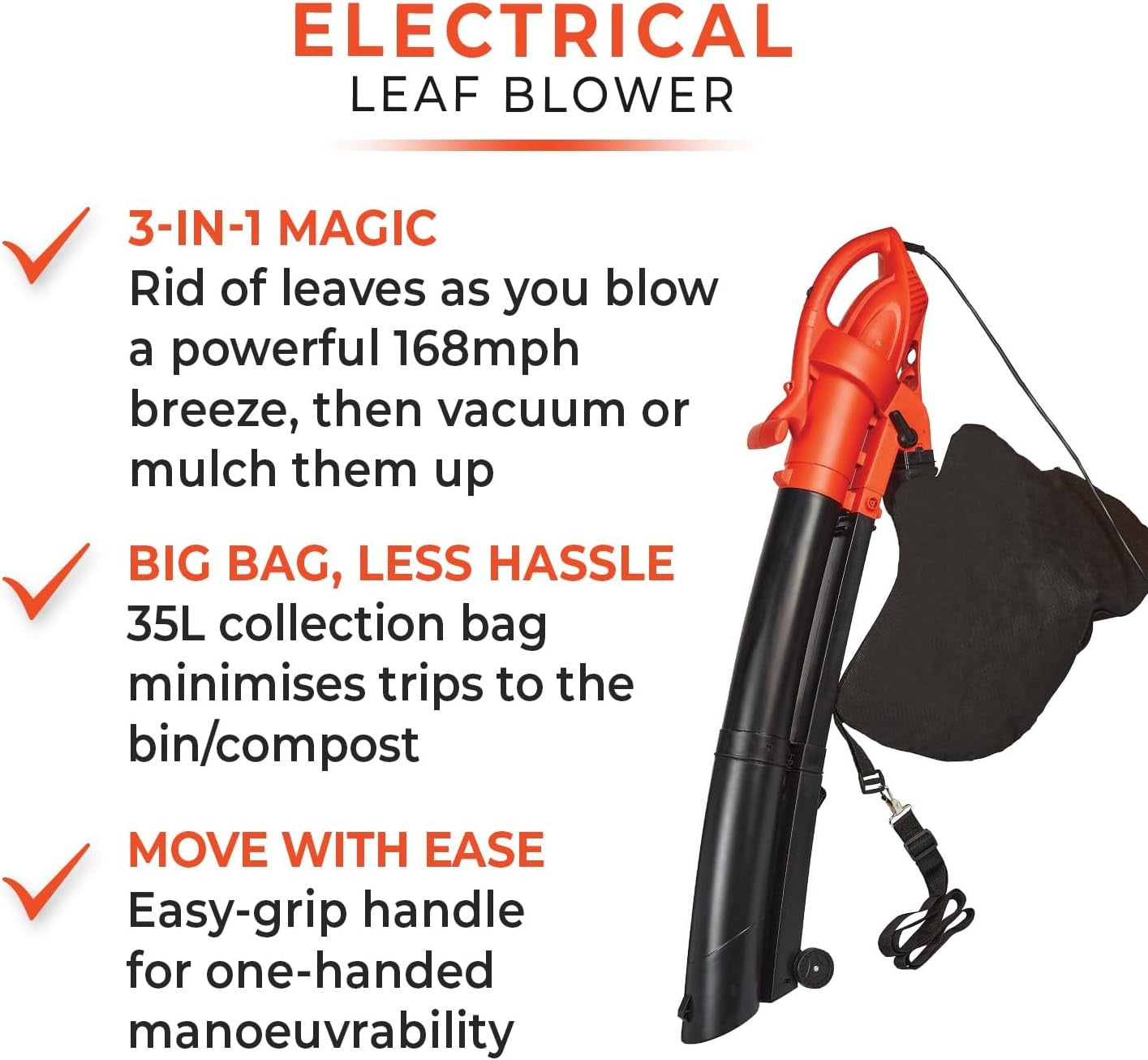 3200W Electric Leaf Blower Vacuum Mulcher 3-in-1 35L Bag High Power
