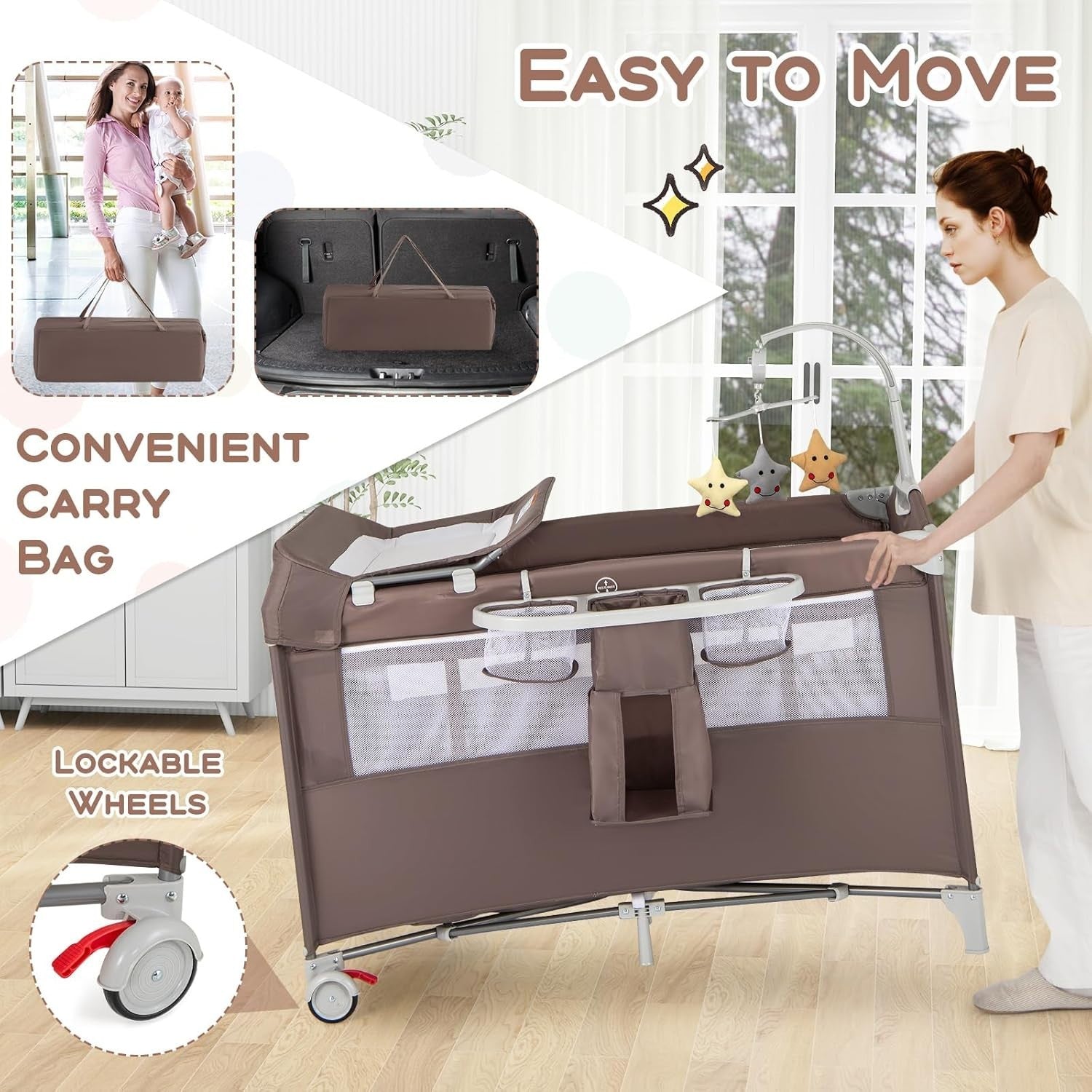 5in1 Baby Travel Cot Foldable Crib with Mattress Basket Changer & Storage Brown