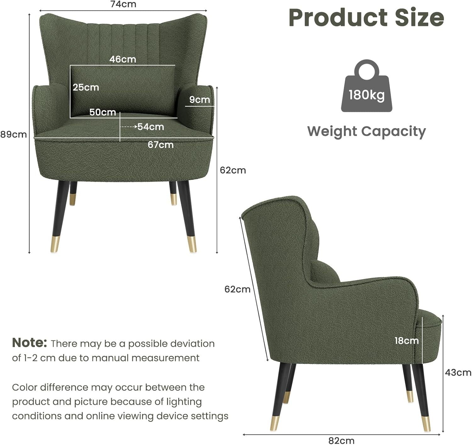 Modern Wingback Armchair Lounge Chair Teddy Fleece Accent Seat Green
