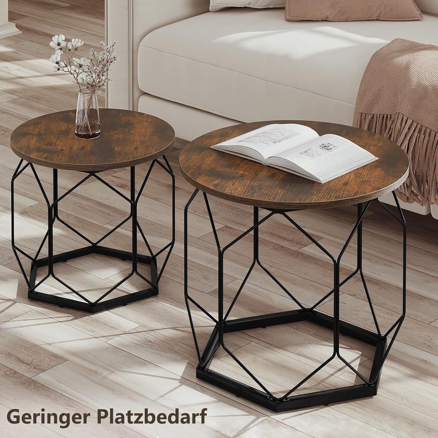 Set of 2 Round Coffee Tables with Removable Tops, Storage & Metal Frame
