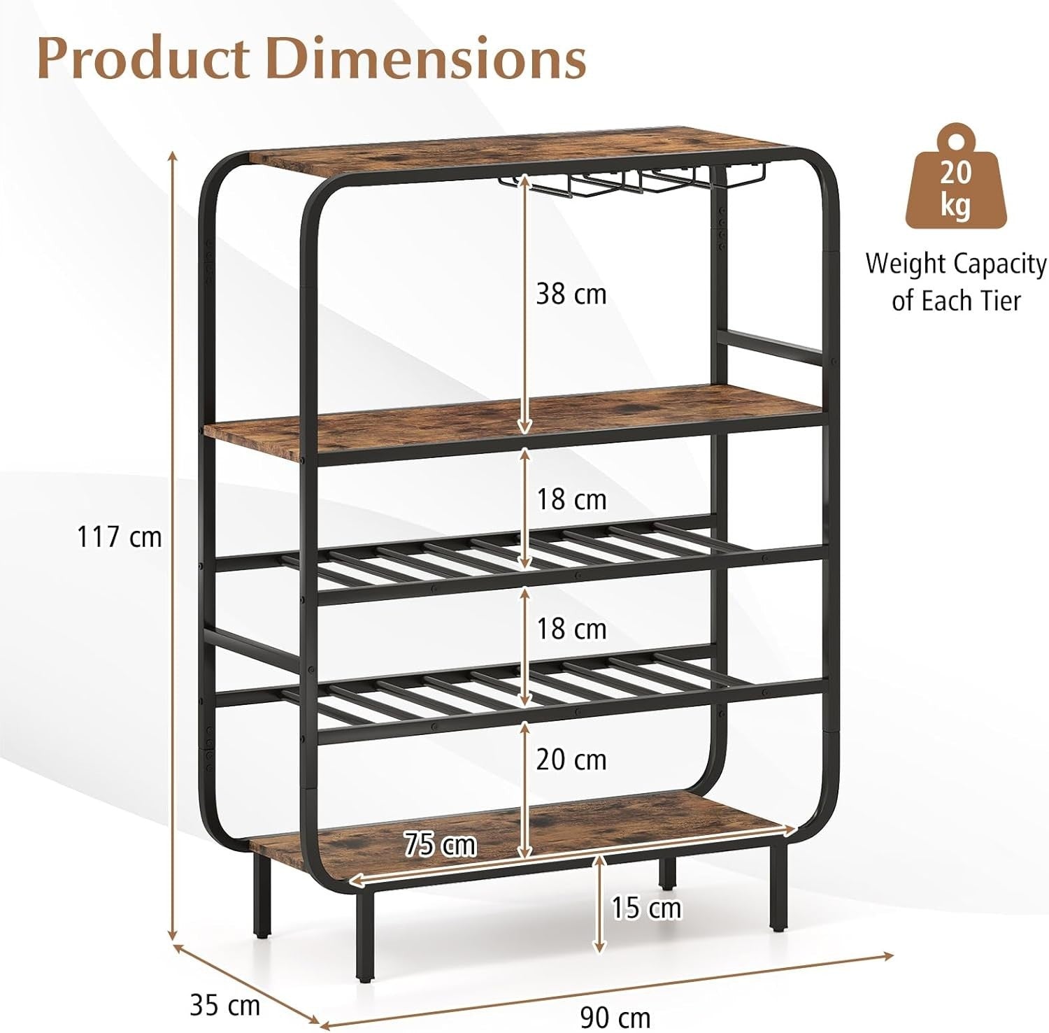 5 Tier Wine Rack Cabinet 16 Bottle Storage with Glass Holder Industrial Home Bar