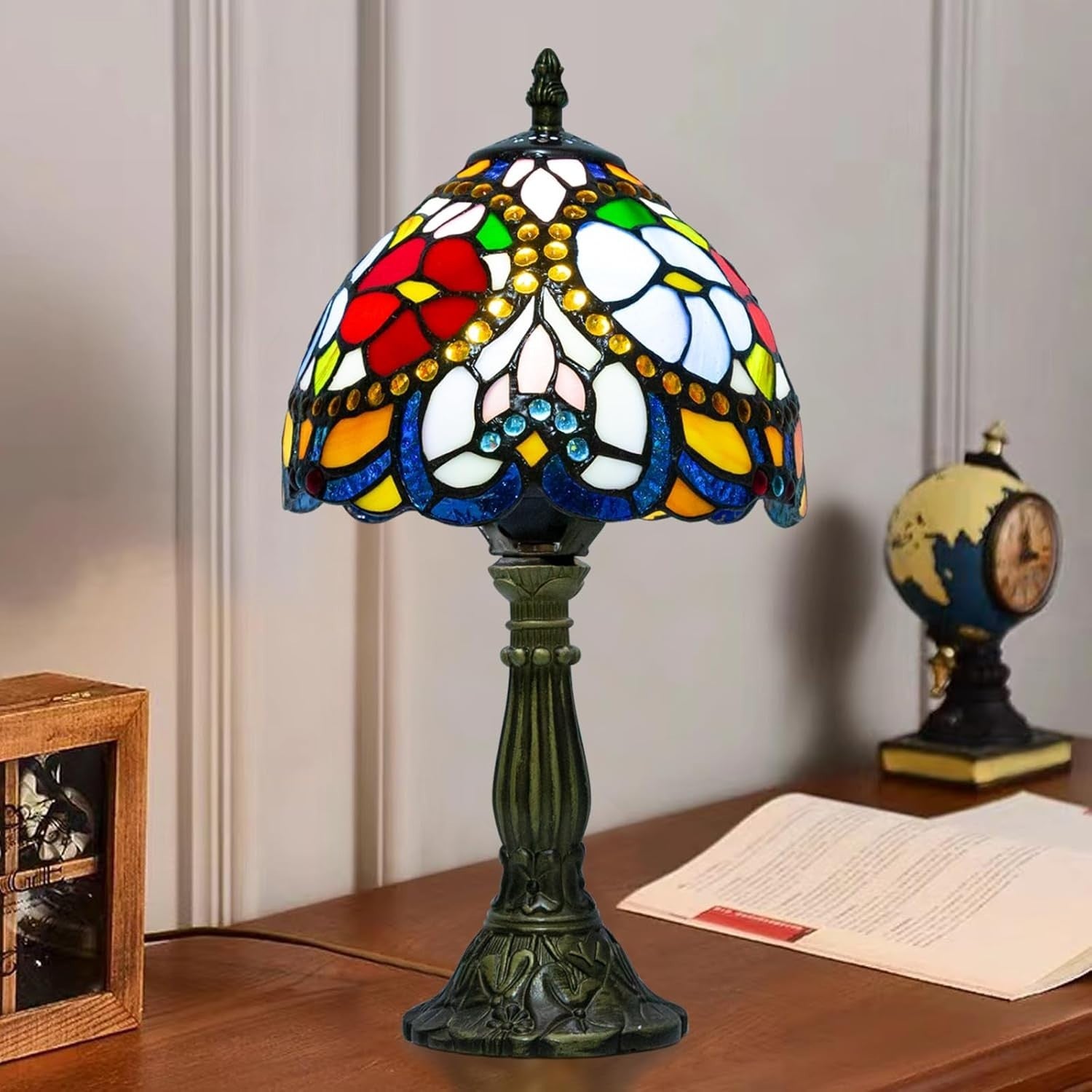 Red Rose Tiffany Table Lamp, Dimmable LED, Vintage Resin, Mood Lighting