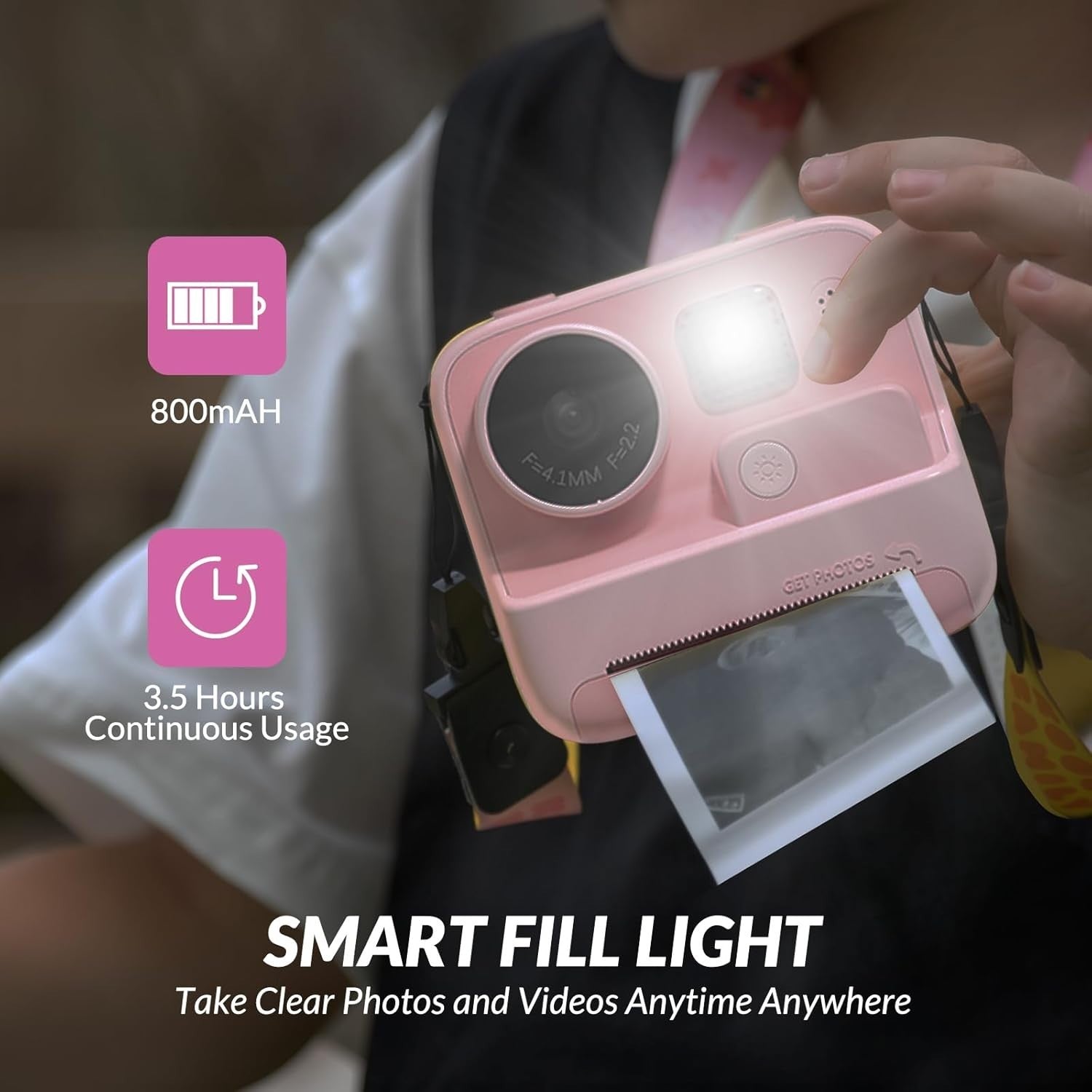 Kids Instant Print Camera 48MP Zero Ink 32GB Selfie Video Pink