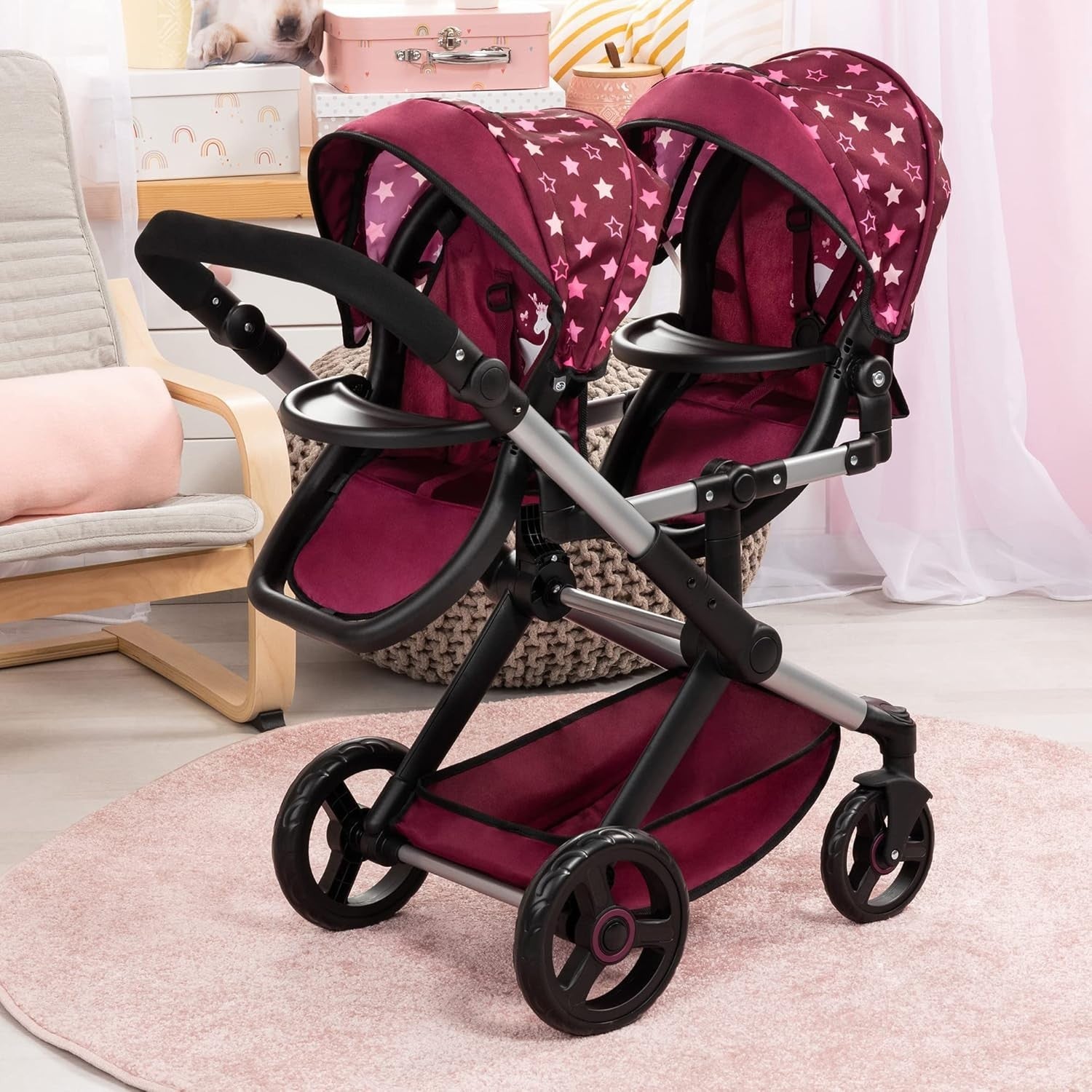 Double Dolls Stroller Carriage Foldable Adjustable Handle Basket Bag