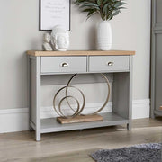 Grey Console Table with 2 Drawers & Shelf – Hallway Sideboard 72cm Oak Top