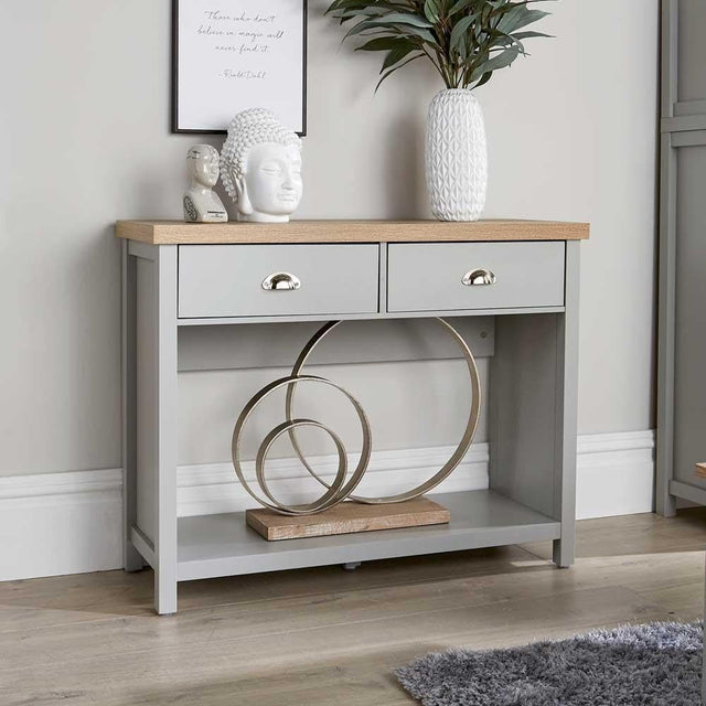 Grey Console Table with 2 Drawers & Shelf – Hallway Sideboard 72cm Oak Top