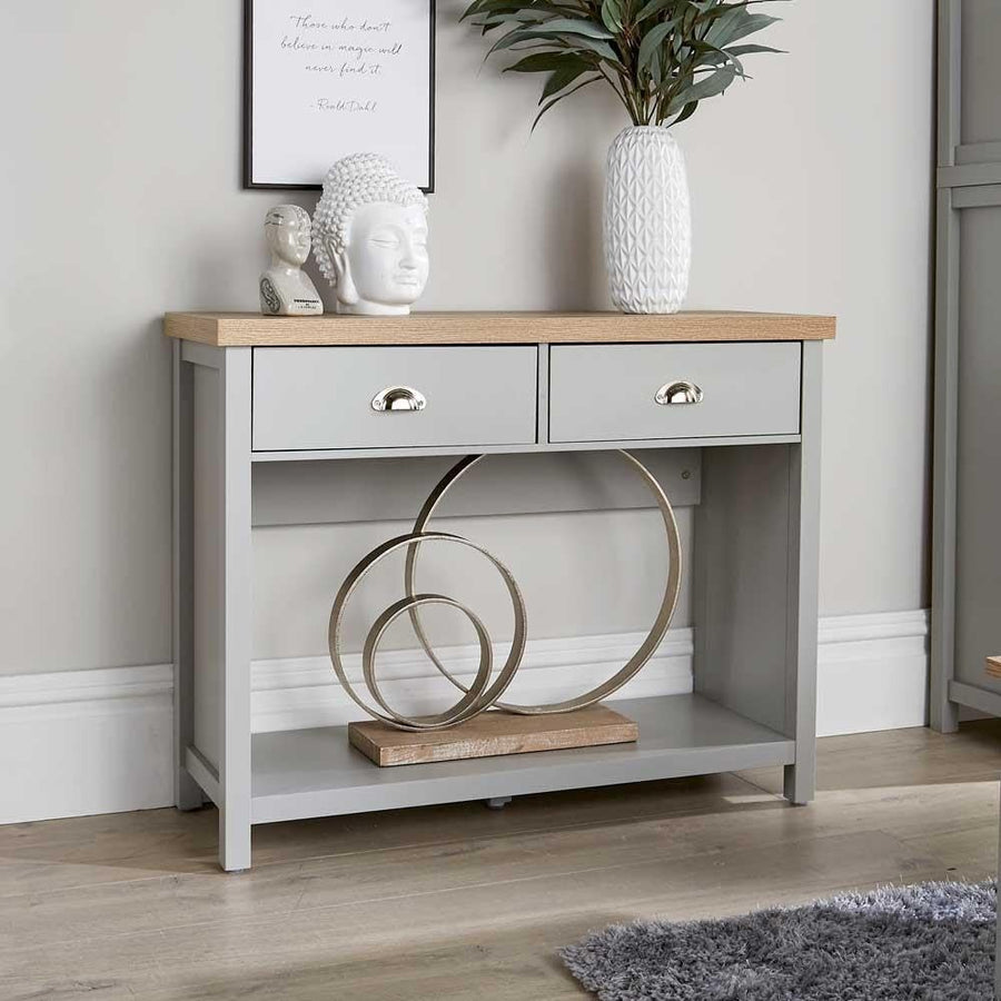 Grey Console Table with 2 Drawers & Shelf – Hallway Sideboard 72cm Oak Top