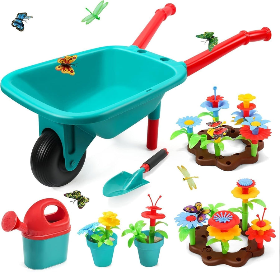 Kids Garden Wheelbarrow Toy Set – Outdoor Play Tools w/ Flowers & Watering Can