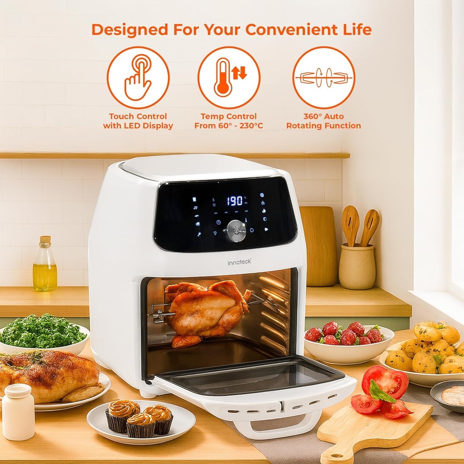 16L Air Fryer Oven Rotisserie 1800W 10 Presets Touchscreen White