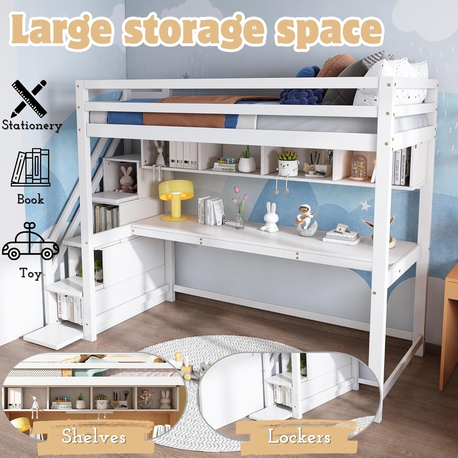 Loft Bunk Bed with Desk & Storage Stairs, 3FT 90x190cm Kids Single Bed White
