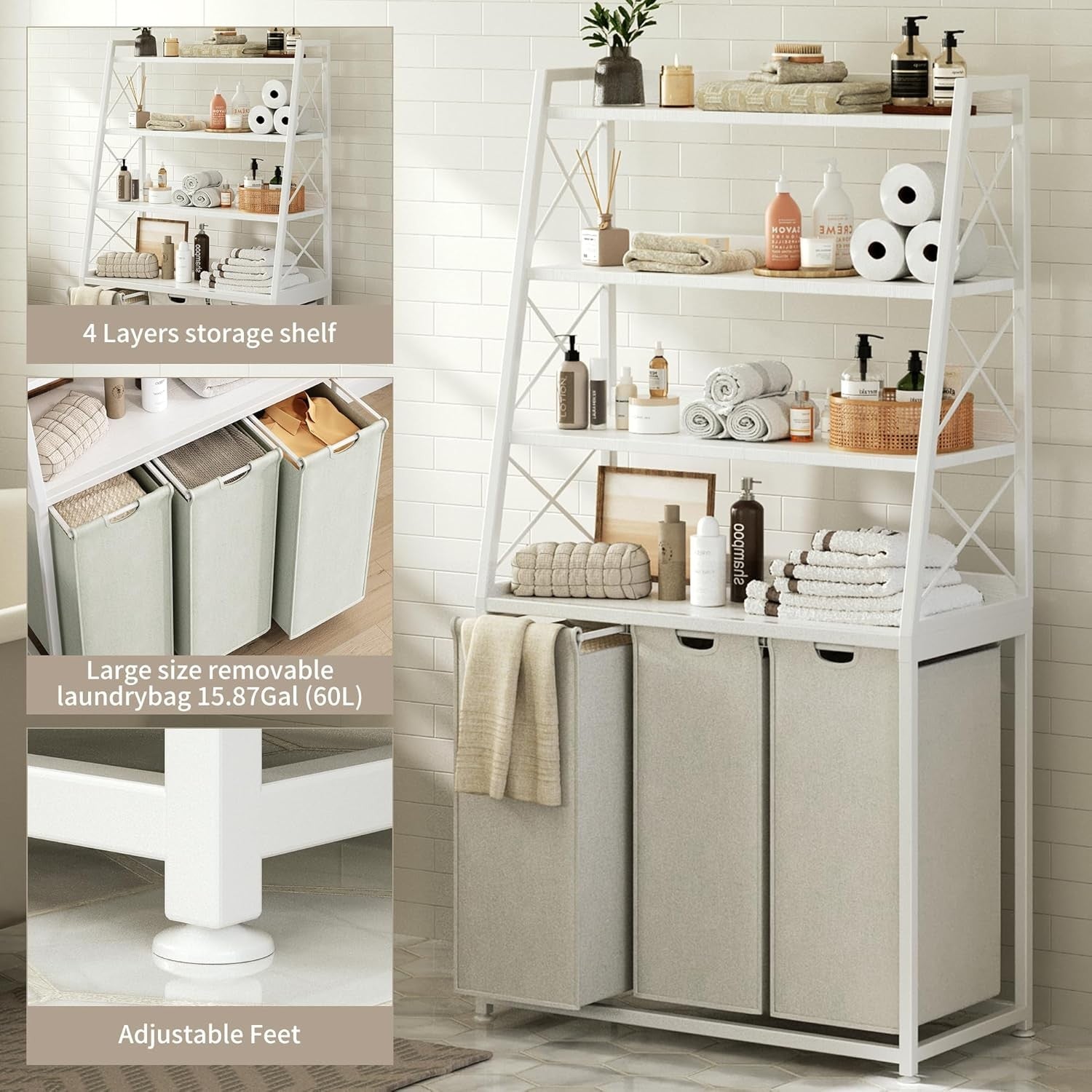 White 3 Section Laundry Hamper with 4 Tier Shelf Removable Bags & Wheels Unit