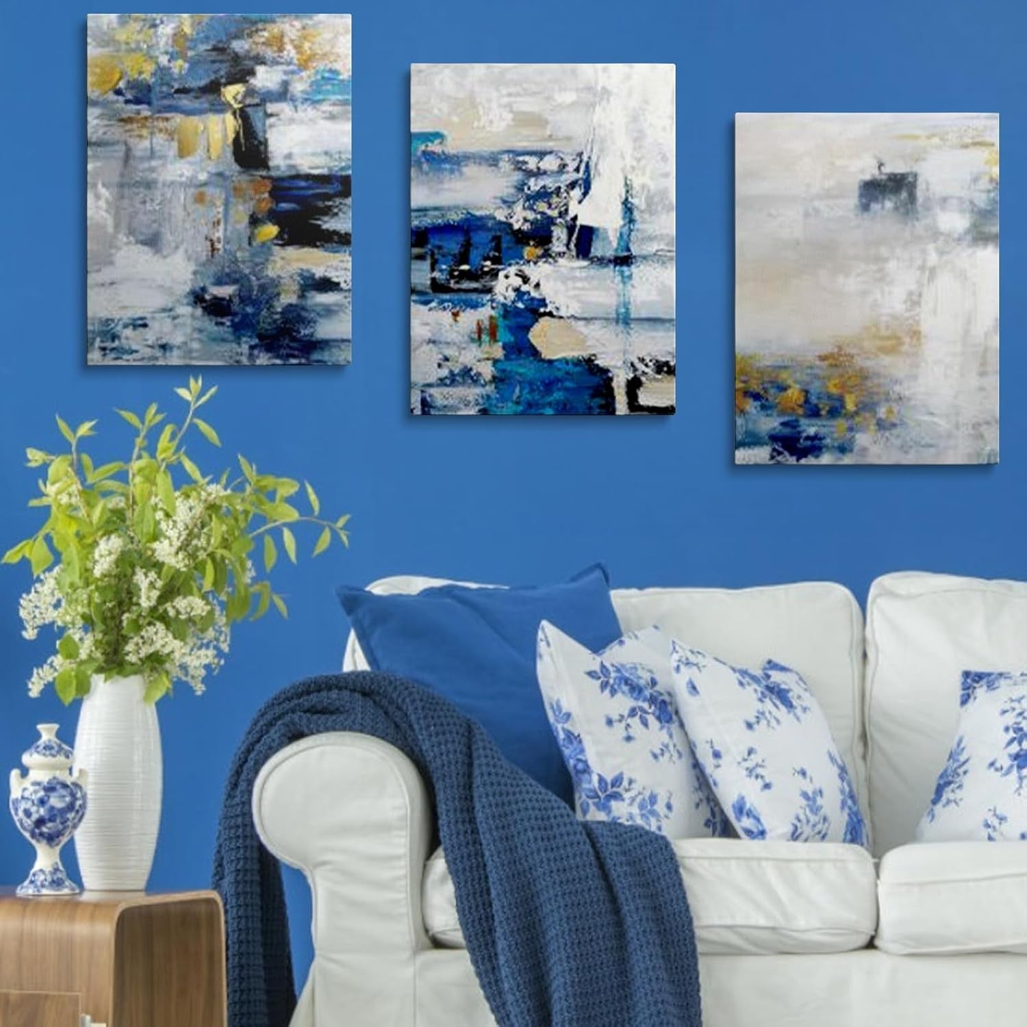 Abstract Blue Grey Canvas Wall Art Framed Modern 30x40cm