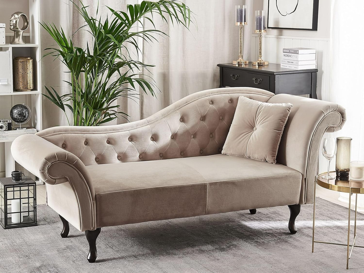 Vintage Beige Velvet Right Hand Chaise Lounge Tufted Chesterfield Sofa 188cm