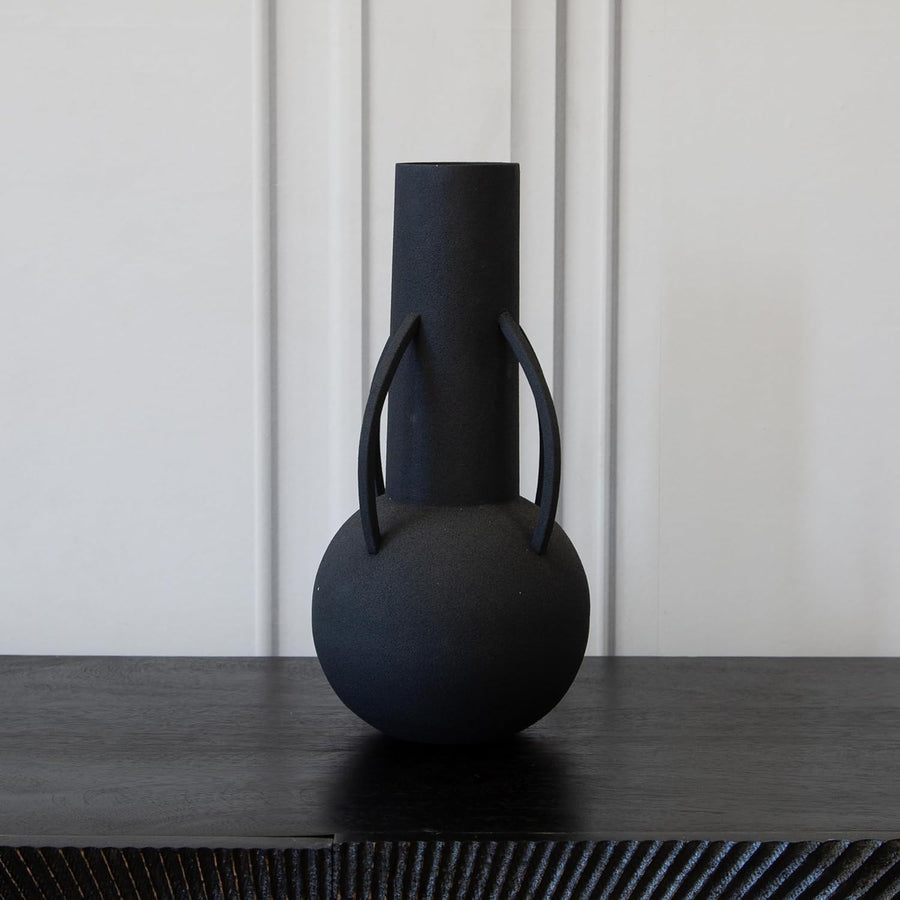 Modern Black Metal Vase With Handle Textured Roman Style Home Decor