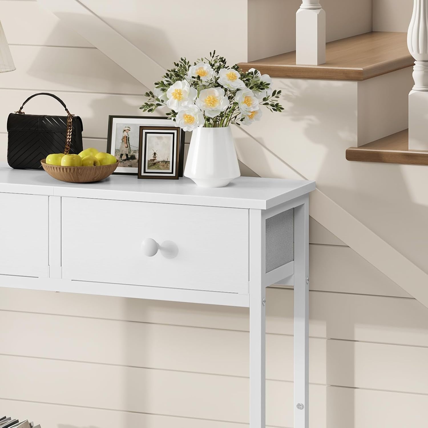 White Slim Console Table with Drawers & Shelf, Narrow Entryway Storage