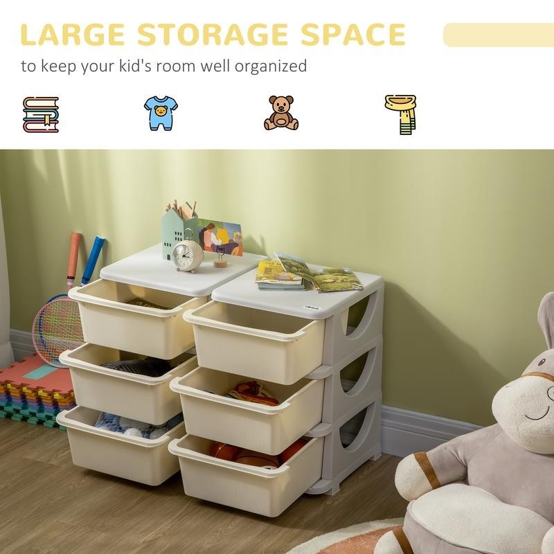 Kids Toy Storage Unit with 6 Drawers – Cream & Grey Plastic Cabinet