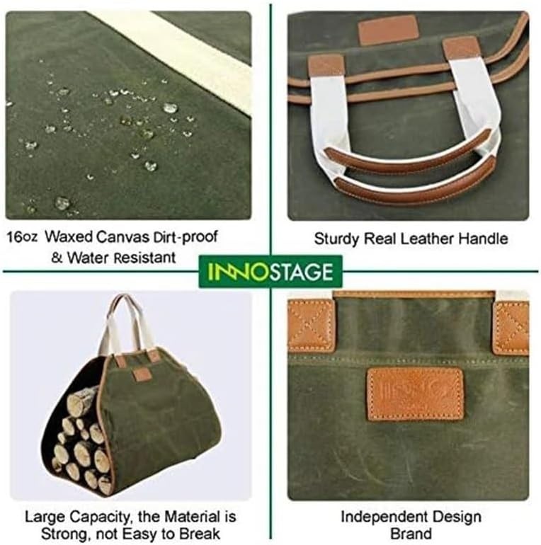 Durable Canvas Firewood Carrier Bag with Leather Handles – Portable Wood Tote