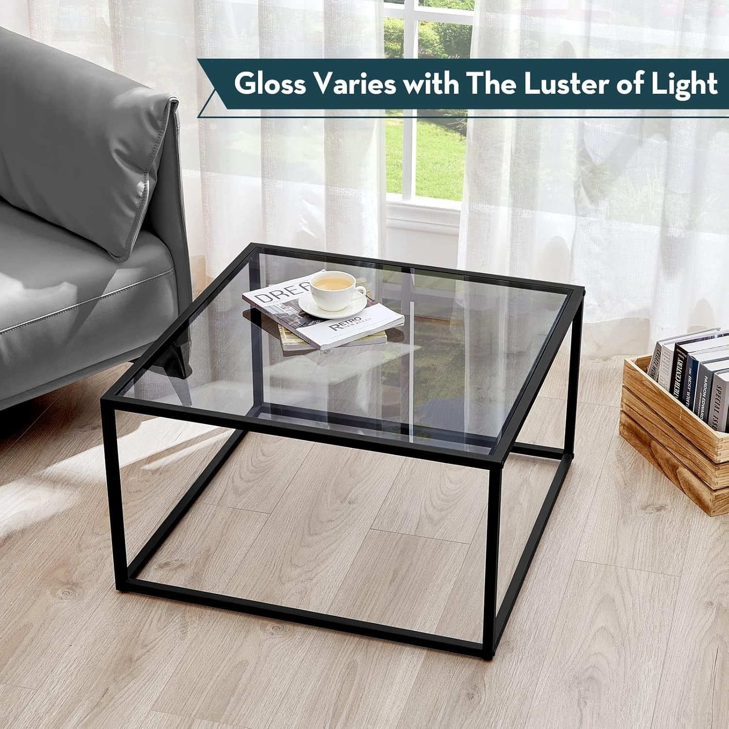Modern Glass Coffee Table Grey – Small Square Center Table for Living Room