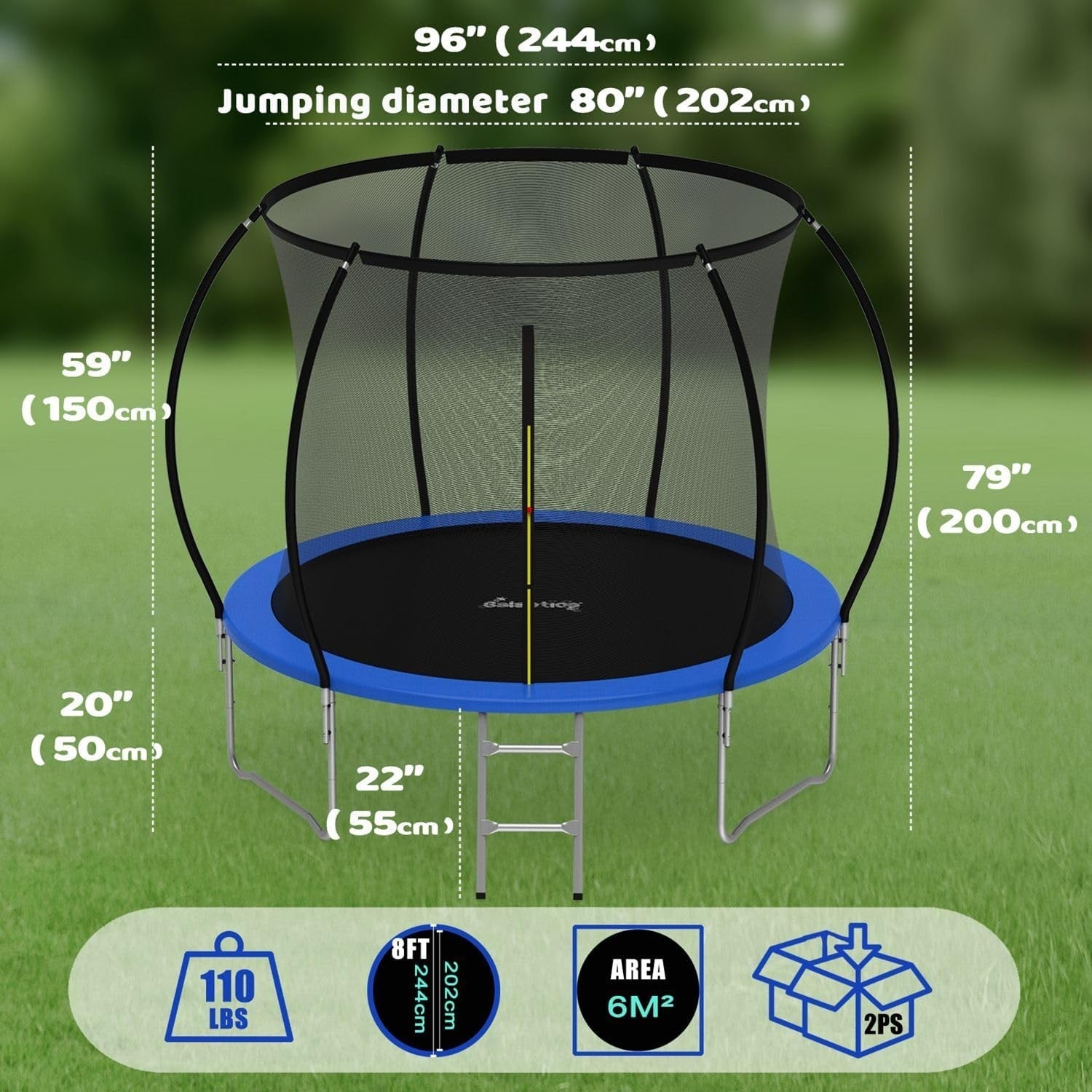 8FT Kids Outdoor Trampoline w Safety Enclosure Ladder Waterproof