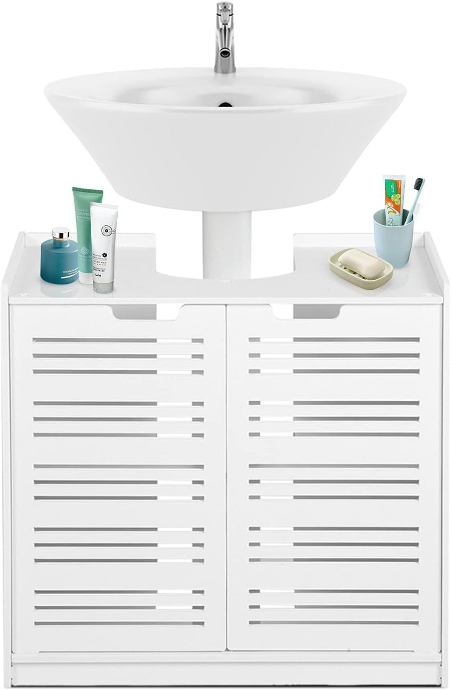 White Under Sink Bathroom Cabinet – Double Door Storage Cupboard 60cm Modern Van